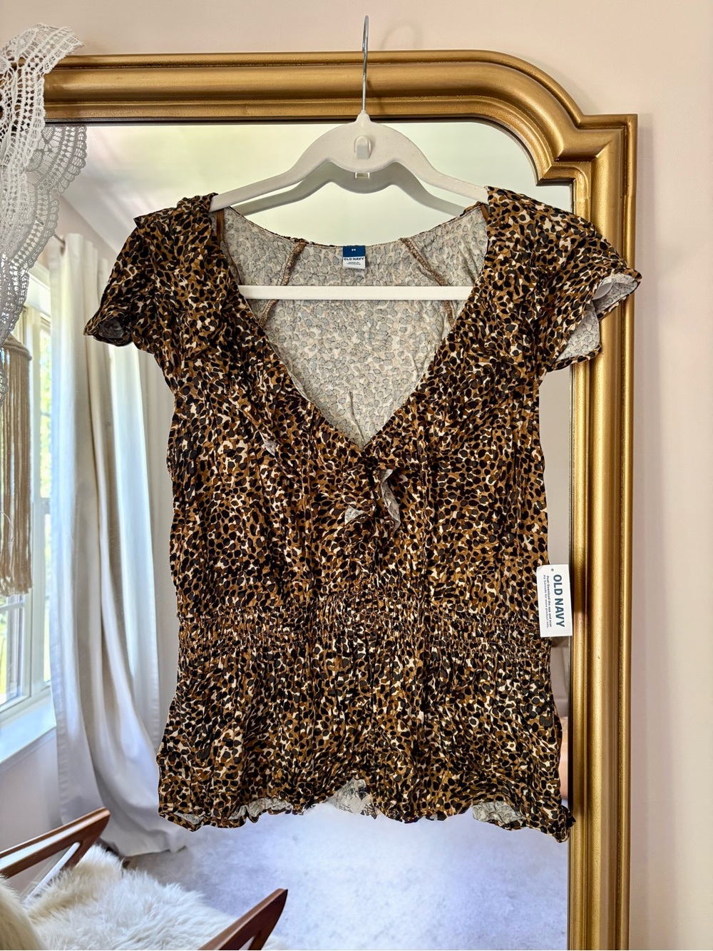 Old Navy Women's Brown Leopard-Print Ruffle V-Neck Blouse
